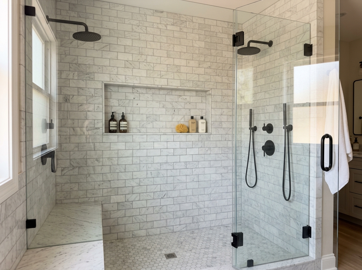 Custom shower install with frameless heavy glass and precision masonry