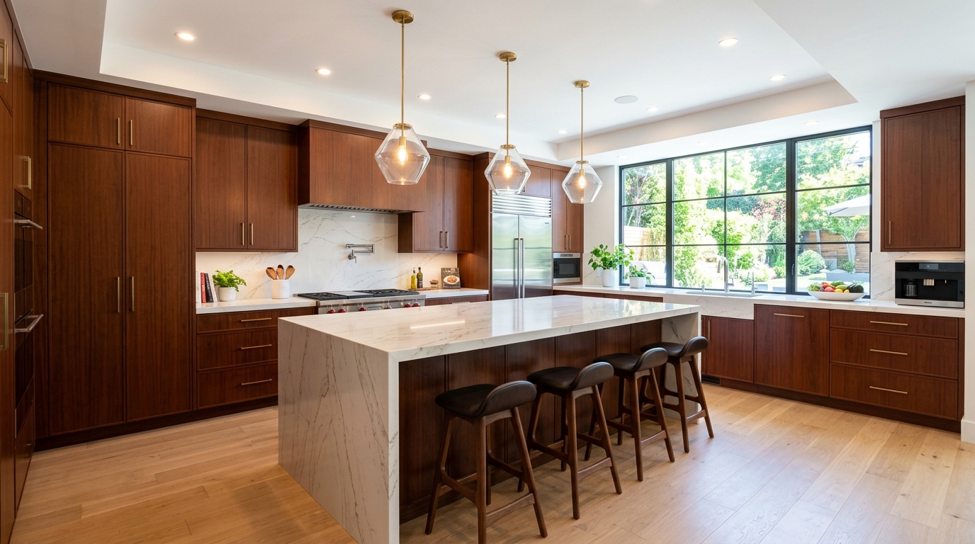 Modern luxury kitchen remodel with a quartz island, flat-panel cabinetry, and custom lighting by Brekhus Remodeling