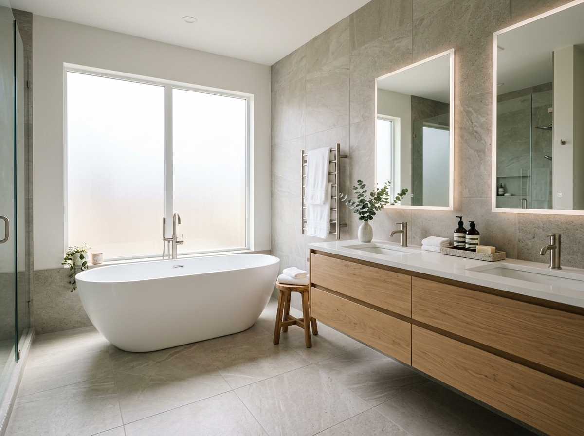 Premium bathroom build with custom tile, heavy-glass enclosure, and luxury fixtures